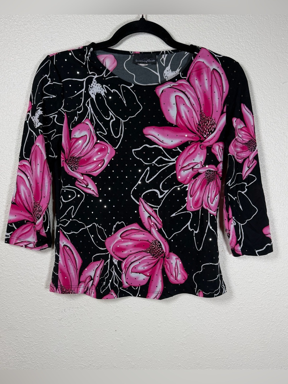 Brittany Black Y2K Pink/Black Floral All Over Print Sequin/Sparkle 3/4 Sleeve Sm
